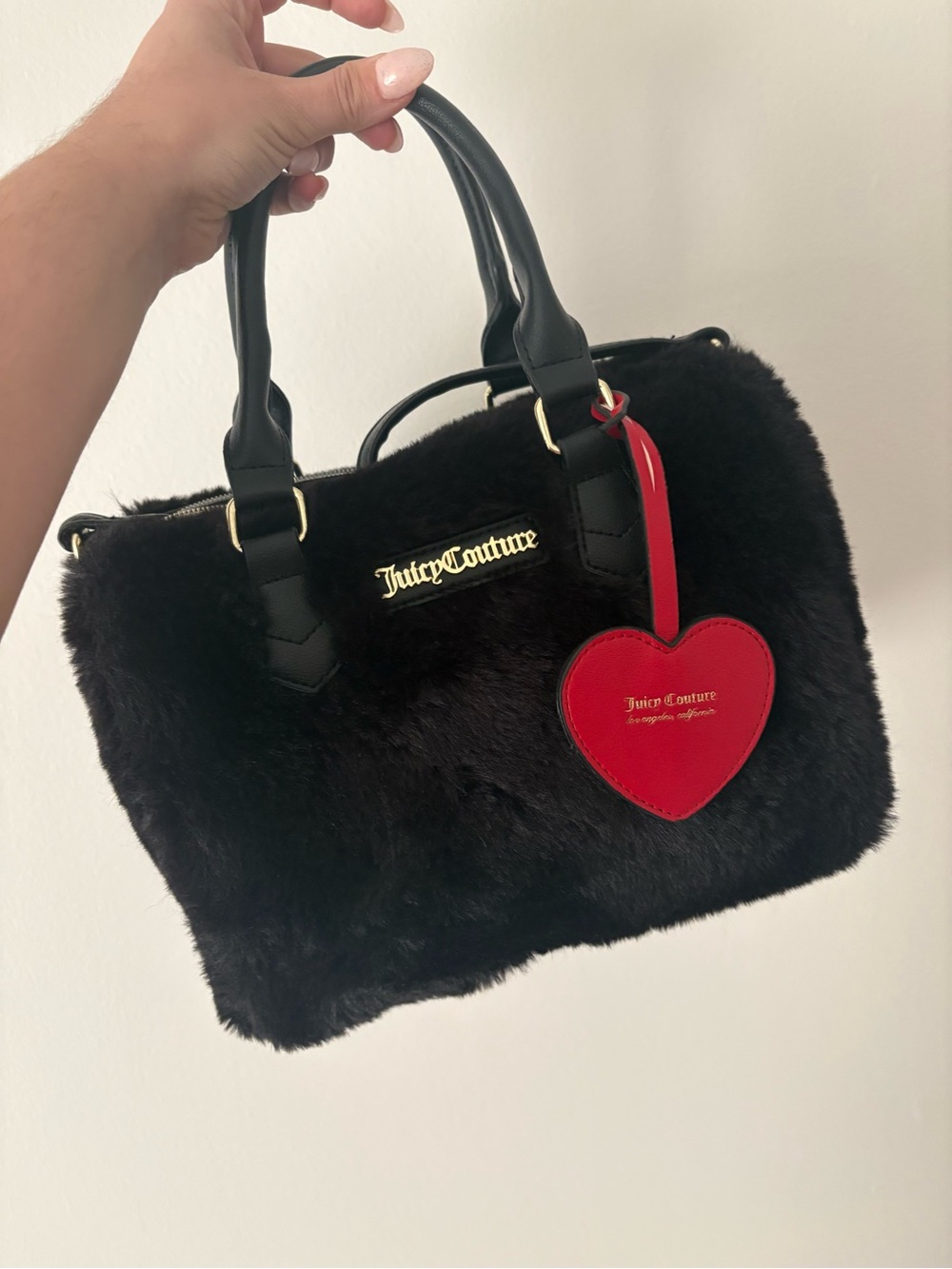 Juicy Couture Black Faux Fur Satchel with Red Heart Charm